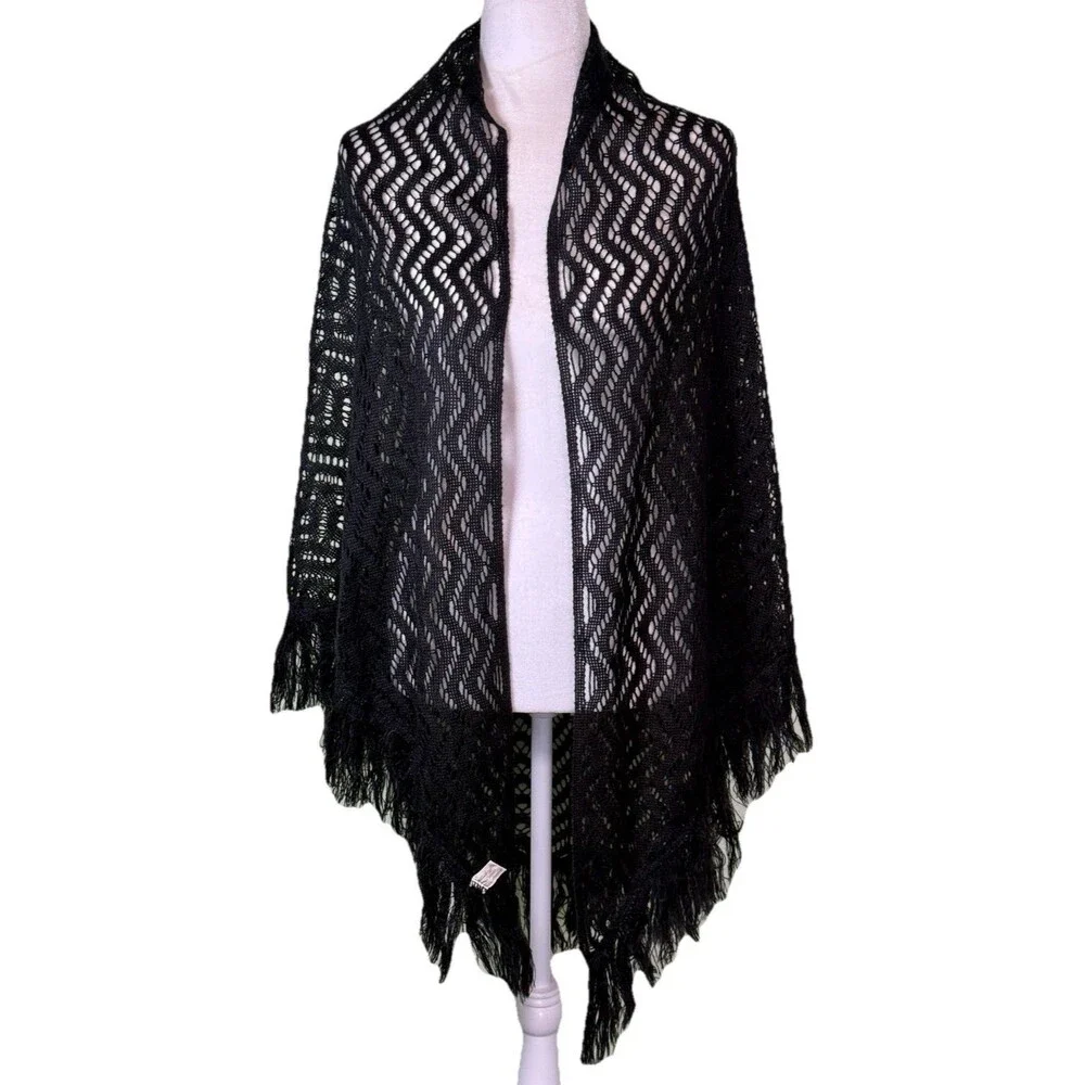 Women Black Crochet Fringe Openwork‎ Shawl Whimsigoth Witchy Size 43” X 78”